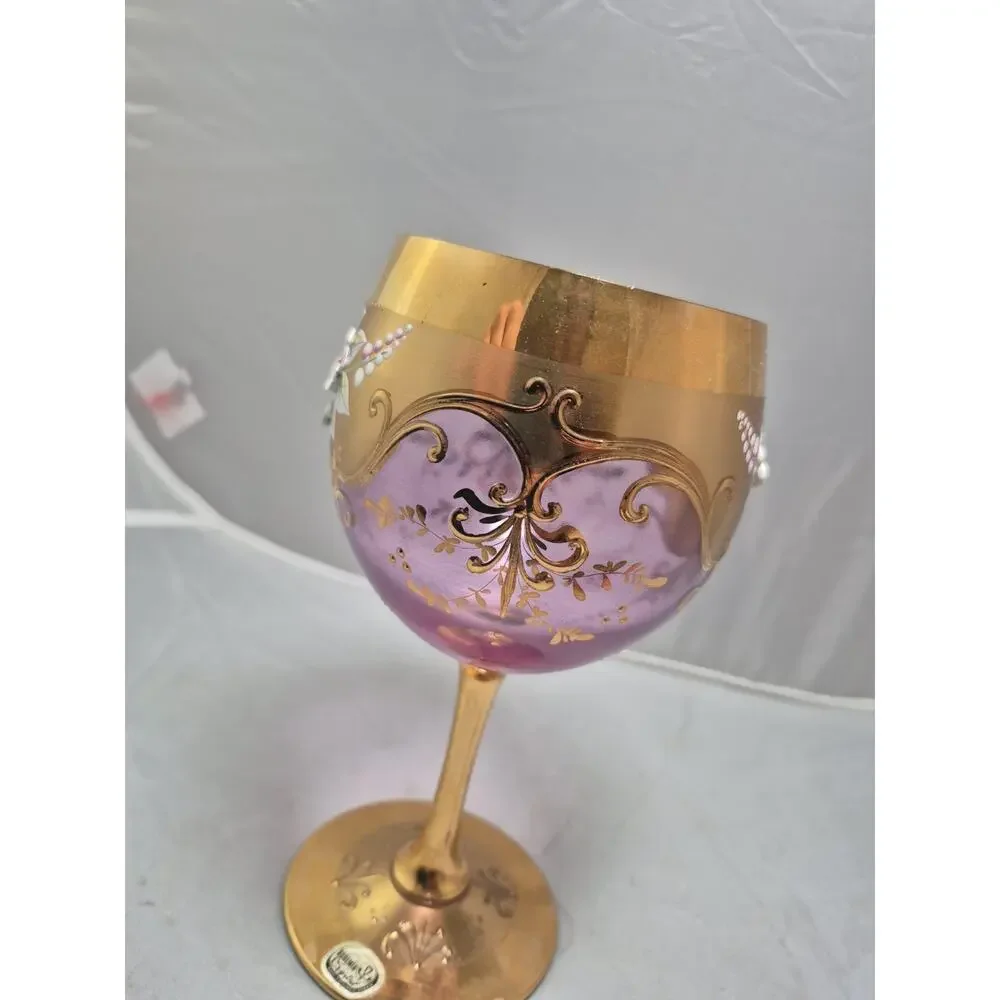 💥 Vintage Bohemia Czech Rose Flower Gold Gilded Floral Glass Wine Goblet